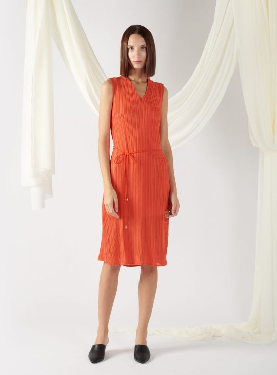 pleated dress with waist belt