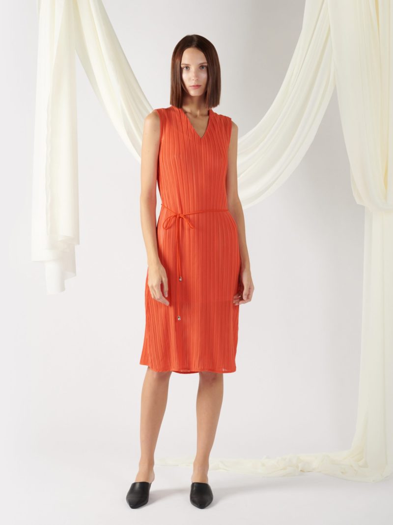 pleated dress with waist belt