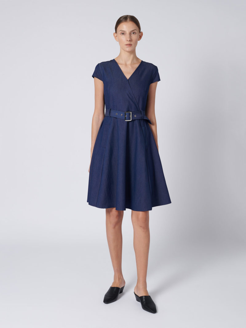 V-NECK BELTED DENIM DRESS