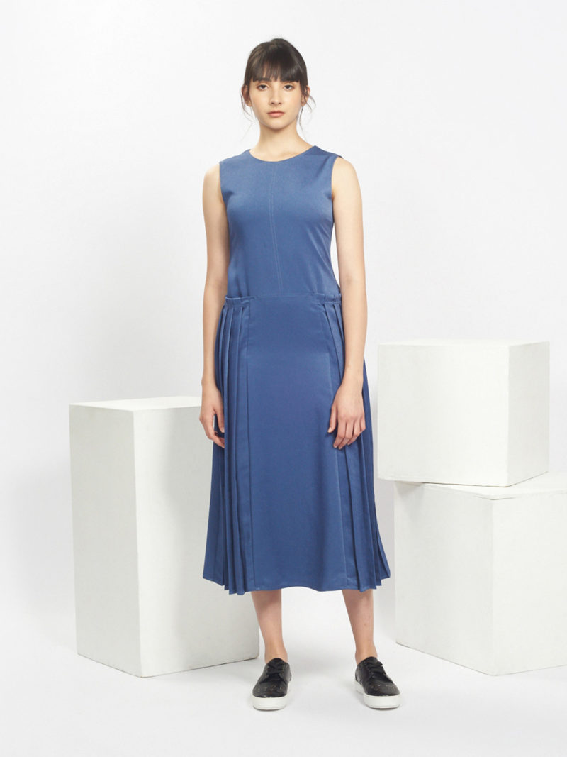 Pleated Twill Dress In Aegean