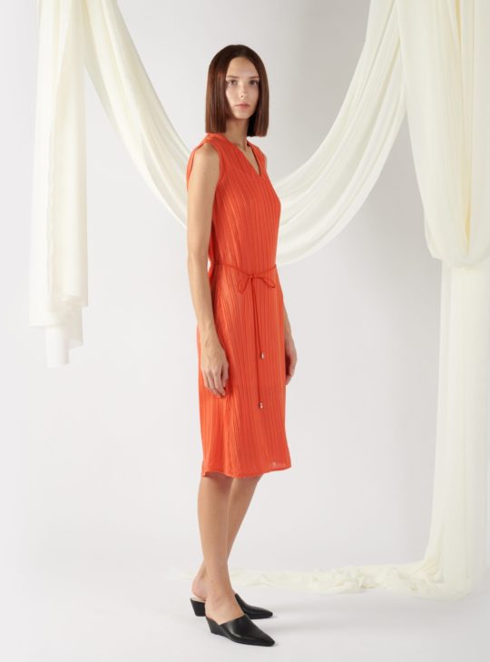 pleated dress with waist belt