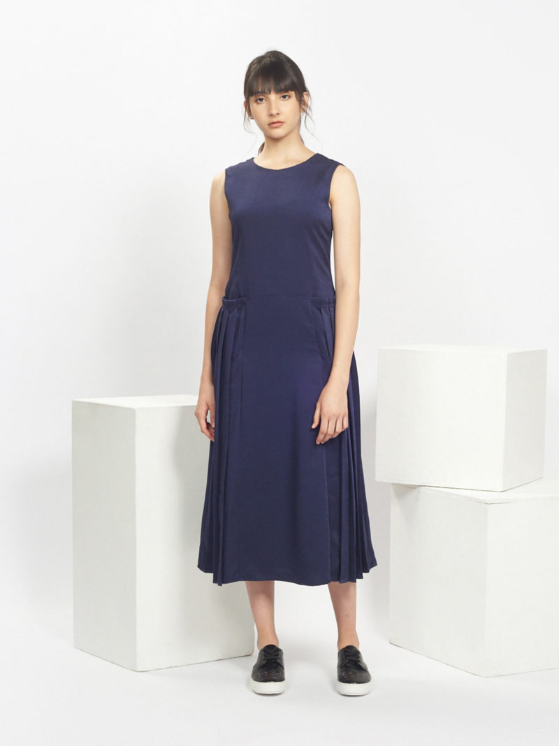 Pleated Twill Dress In Navy