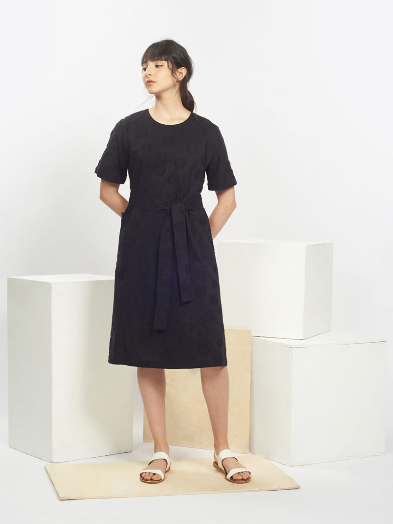 Belted Textured Dress In Black