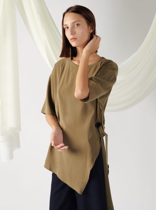asymmetrical oversized top in moss