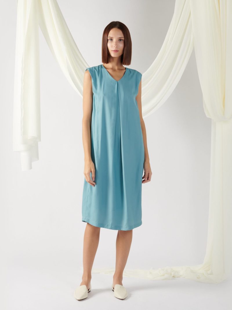 Front Pleated Dress in Turkish Blue