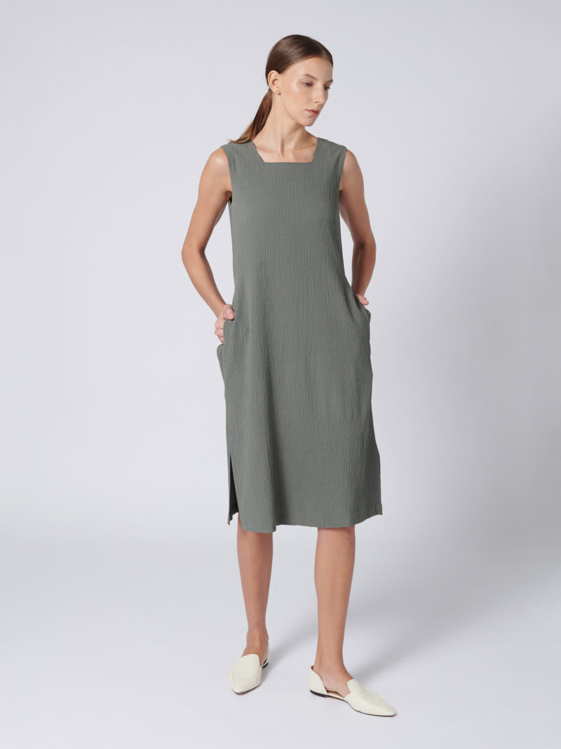 Textured Front-tied Dress In Dark Sage