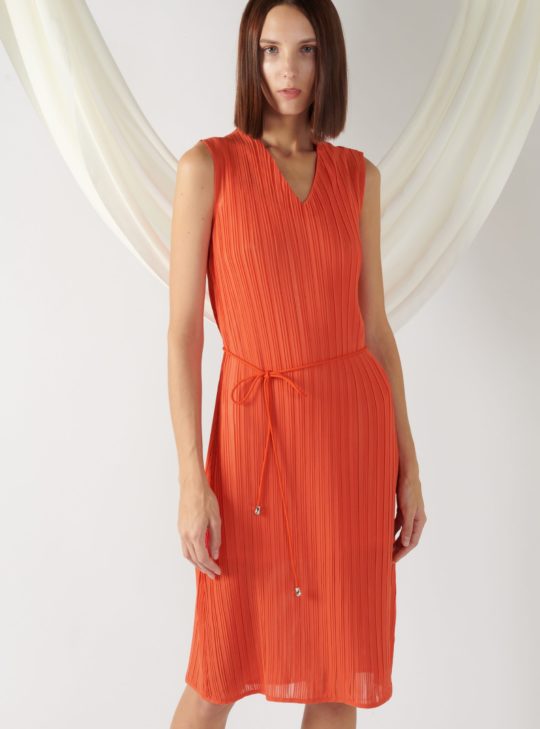 pleated dress with waist belt