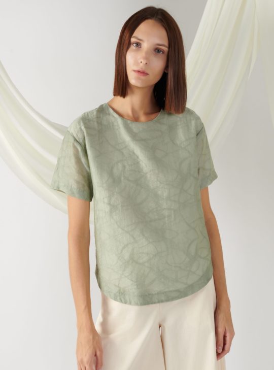 textured top with curved hem in sage
