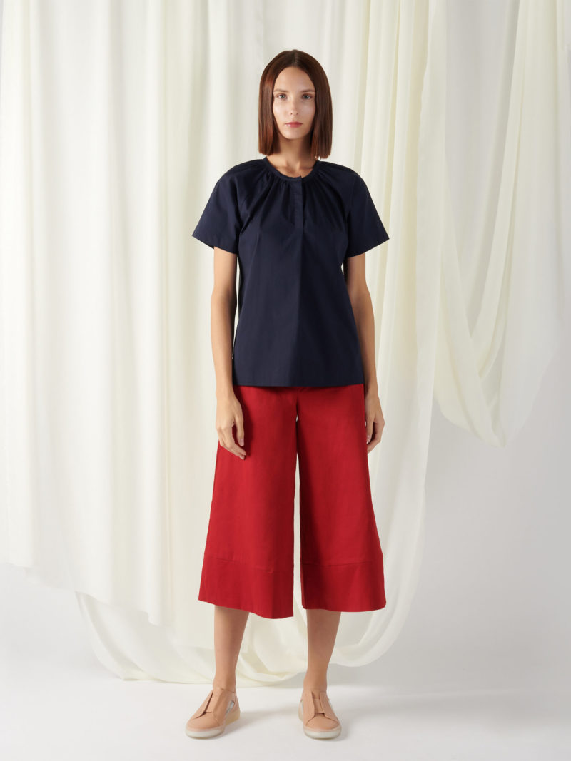 Gathered Collar Top In Midnight Blue